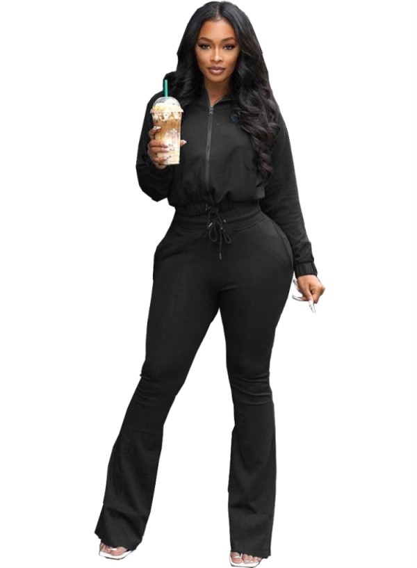 Fall Casual Black Zipper Sports Two Piece Tracksuit