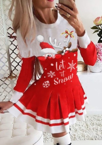 Vestido Midi com Estampa de Natal com Decote Redondo e Manga Longa