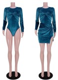 Fall Sexy Blue Velvet Ruched Tight Bodysuit and Split Mini Skirt Set