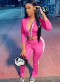 Fall Sexy Pink Contrast Zipper Crop Two Piece Tracksuit