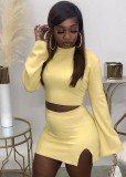 Fall Sexy Yellow Tight Crop Top and Split Mini Skirt Set