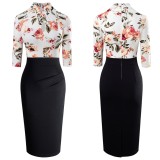 Fall White Floral Patch Black Keyhole Long Sleeve Office Dress