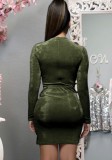 Fall Sexy Green Velvet Ruched Tight Bodysuit and Split Mini Skirt Set