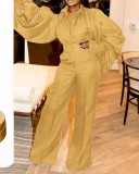 Fall Fashion Yellow Turn Down Collar Wide Long Sleeves Loose Jumpsuit