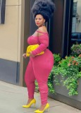 Fall Plus Size Pink Off Shoulder One Line Long Sleeve Jumpsuit