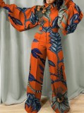 Fall Fashion Print Turn Down Collar Wide Long Sleeves Loose Jumpsuit