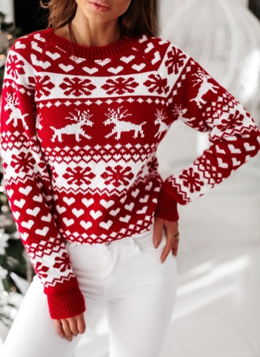 Christmas Red Round Neck Long Sleeve Sweater
