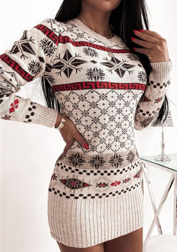 Christmas Sexy Round Neck Long Sleeve Jacquard Sweater Ribbed Dress