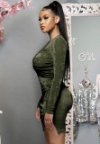 Fall Sexy Green Velvet Ruched Tight Bodysuit and Split Mini Skirt Set