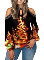 Christmas Sexy Print Hollow Out Sequins Long Sleeve Top