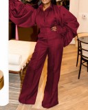 Fall Fashion Red Turn Down Collar Wide Long Sleeves Loose Jumpsuit