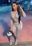 Fall Sexy Gray Contrast Zipper Crop Two Piece Tracksuit