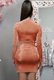 Fall Sexy Orange Velvet Ruched Tight Bodysuit and Split Mini Skirt Set