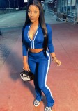 Fall Sexy Blue Contrast Zipper Crop Two Piece Tracksuit