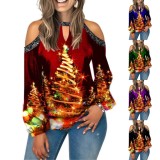 Christmas Sexy Print Hollow Out Sequins Long Sleeve Top