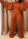 Fall Fashion Orange Turn Down Collar Wide Long Sleeves Loose Jumpsuit