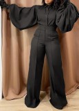 Fall Fashion Balck Turn Down Collar Wide Long Sleeves Loose Jumpsuit