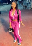 Fall Sexy Pink Contrast Zipper Crop Two Piece Tracksuit