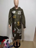 Winter Trendy Printed Green Button Up Loose Hoody Coat