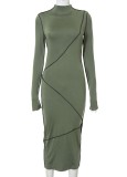 Fall Sexy Green Line Design Hollow Out Long Sleeve Long Dress