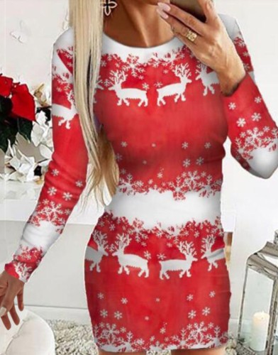 Christmas Sexy Round Neck Long Sleeve Midi Dress
