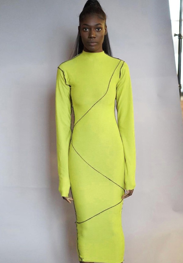 Fall Sexy Yellow Line Design Hollow Out Long Sleeve Long Dress