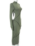 Fall Sexy Green Line Design Hollow Out Long Sleeve Long Dress