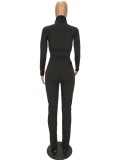 Fall Sexy Black Contrast Zipper Crop Two Piece Tracksuit