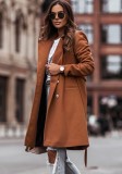 Winter Brown Turndown Collar Elegant Long Coat with Matching Belt