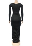 Autumn Black Cut Out Sexy Ruched Long Party Dress