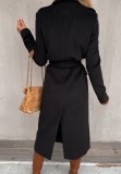Winter Black Knit Turndown Collar Long Coat with Matching Belt