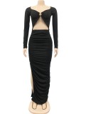Autumn Black Cut Out Sexy Ruched Long Party Dress