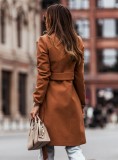 Winter Brown Turndown Collar Elegant Long Coat with Matching Belt