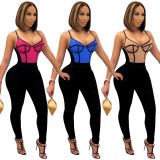 Summer Contrast Color Sexy Tight Strap Party Jumpsuit