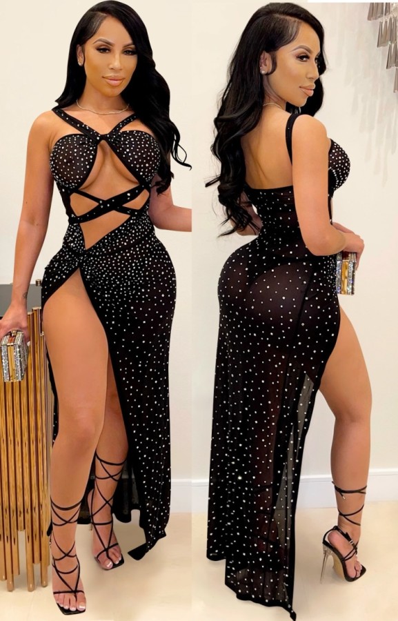 Summer Black Beaded Sexy Long Party Dress