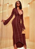 Winter Burgunry Knit Sexy Lace-Up Long Party Dress