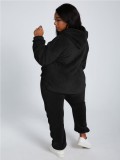 Winter Casual Black Plush Hoody Top and Pants 2PC Set