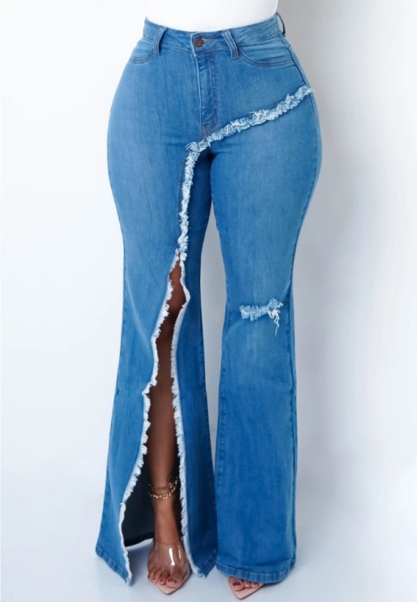 Autumn Blue Stylish Irregular Slit High Waist Jeans
