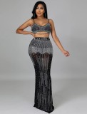 Autumn Black Beaded Strap Crop Top and Long Skirt 2PC Set