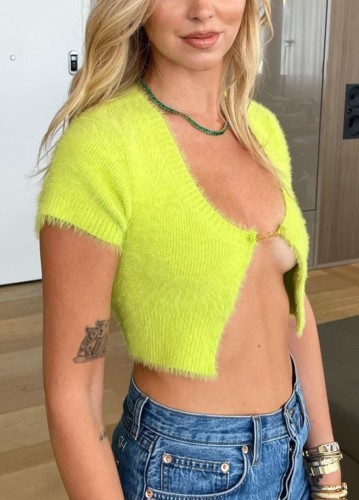 Autumn Party Sexy Knit Plush Green Short Sleeves Crop Top