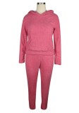 Winter Casual Pink Plush Hoody Top and Pants 2PC Set