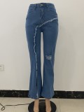 Autumn Blue Stylish Irregular Slit High Waist Jeans