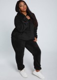 Winter Casual Black Plush Hoody Top and Pants 2PC Set