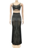 Autumn Black Beaded Strap Crop Top and Long Skirt 2PC Set