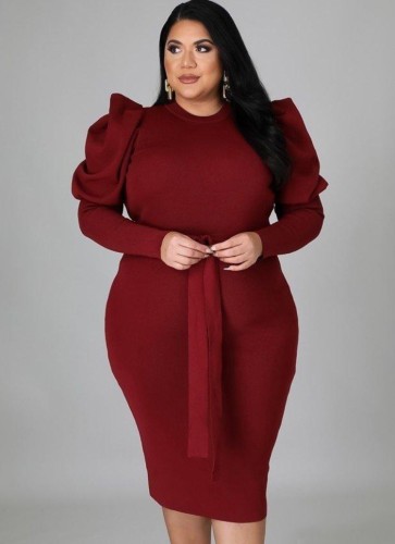 Winter Plus Size Red Crew Neck Long Bodycon Dress with Belt