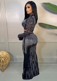 Winter Occassional Black Beading Long Sleeve Crop Top and Long Skirt 2PC Set