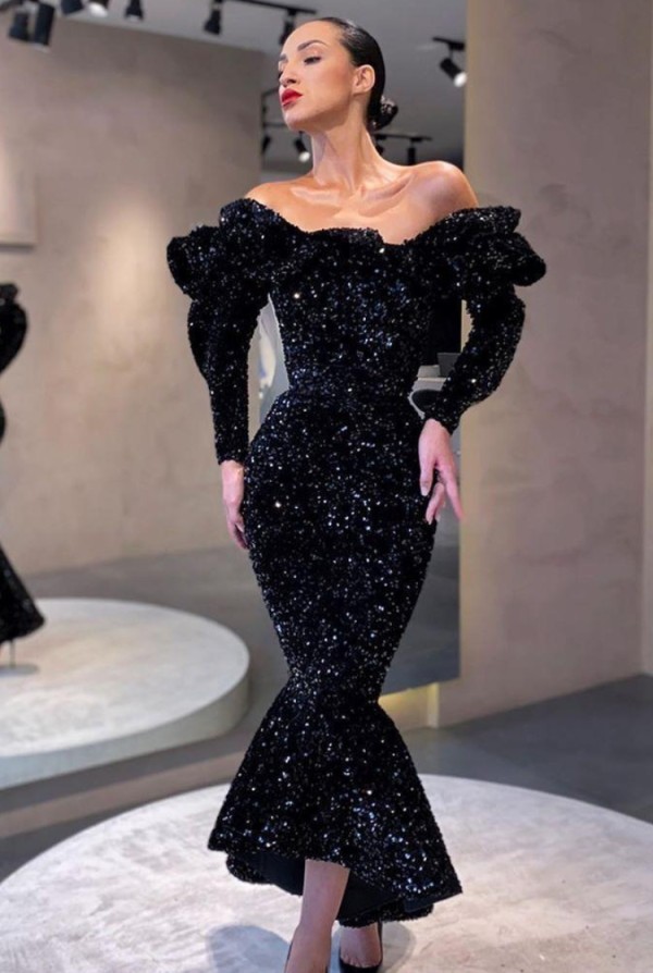 Winter Occassional Black Sequined Off Shoulder Mermaid Long Gown