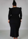 Autumn Plus Size Black V-Neck Wrap Hem Irregular Party Dress
