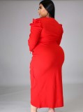 Autumn Plus Size Red V-Neck Wrap Hem Irregular Party Dress