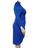 Autumn Plus Size Blue V-Neck Wrap Hem Irregular Party Dress